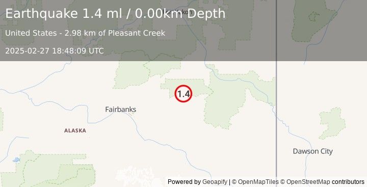 Earthquake 50 km S of Central, Alaska (1.4 ml) (2025-02-27 18:48:09 UTC)