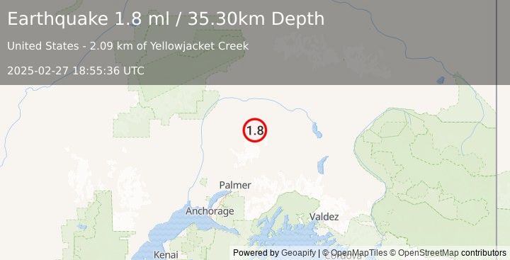 Earthquake 67 km N of Chickaloon, Alaska (1.8 ml) (2025-02-27 18:55:36 UTC)