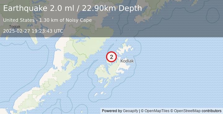 Earthquake 38 km W of Port Lions, Alaska (2.0 ml) (2025-02-27 19:23:43 UTC)