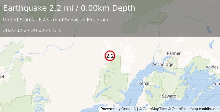 Earthquake 94 km E of Lime Village, Alaska (2.2 ml) (2025-02-27 20:02:45 UTC)