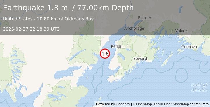 Earthquake 35 km NW of Ninilchik, Alaska (1.8 ml) (2025-02-27 22:18:39 UTC)