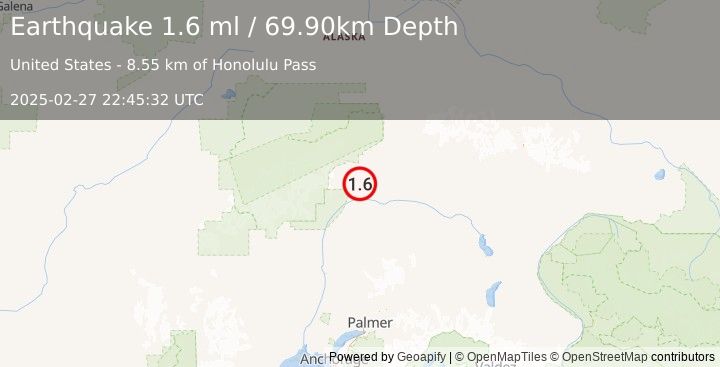 Earthquake 45 km SSW of Cantwell, Alaska (1.6 ml) (2025-02-27 22:45:32 UTC)