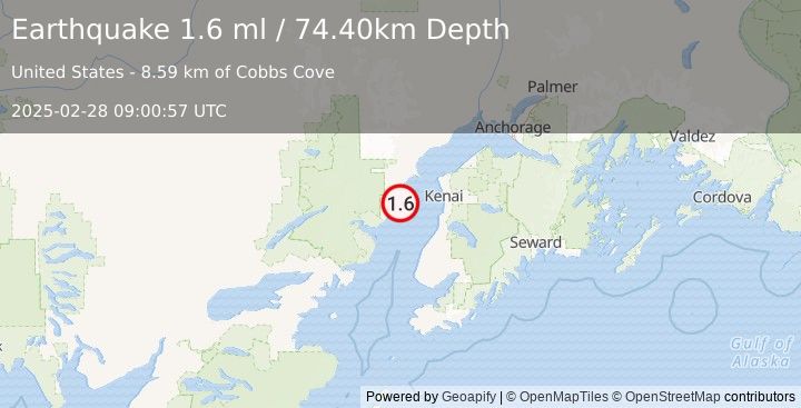 Earthquake 45 km W of Kalifornsky, Alaska (1.6 ml) (2025-02-28 09:00:57 UTC)