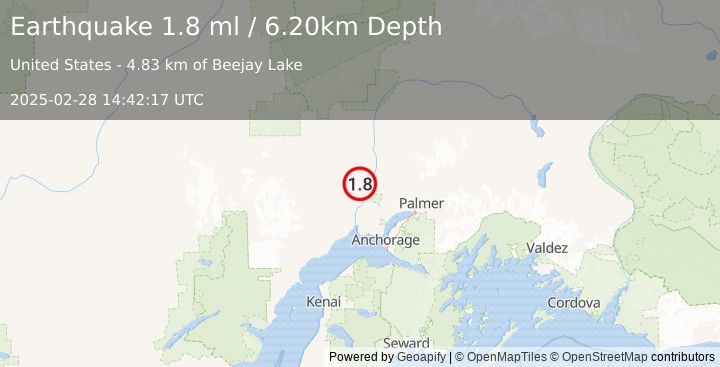 Earthquake 23 km WNW of Willow, Alaska (1.8 ml) (2025-02-28 14:42:17 UTC)