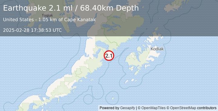 Earthquake 86 km W of Karluk, Alaska (2.1 ml) (2025-02-28 17:38:53 UTC)