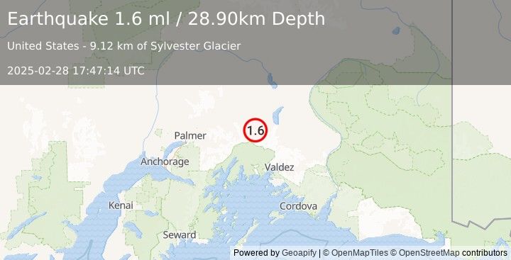 Earthquake 29 km S of Eureka Roadhouse, Alaska (1.6 ml) (2025-02-28 17:47:14 UTC)