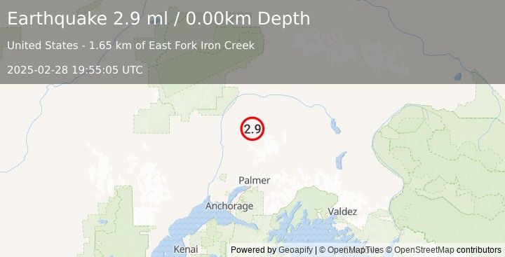 Earthquake 41 km ENE of Susitna North, Alaska (2.9 ml) (2025-02-28 19:55:05 UTC)