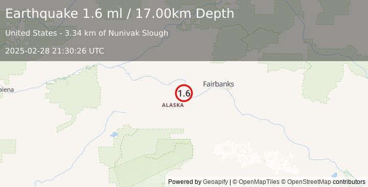 Earthquake 7 km NNW of Four Mile Road, Alaska (1.6 ml) (2025-02-28 21:30:26 UTC)