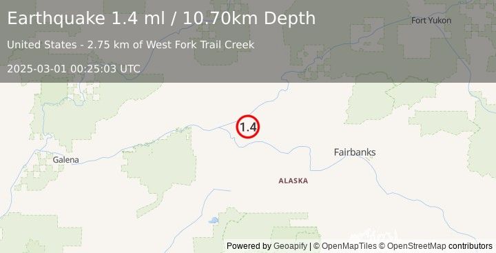 Earthquake 30 km NW of Manley Hot Springs, Alaska (1.4 ml) (2025-03-01 00:25:03 UTC)