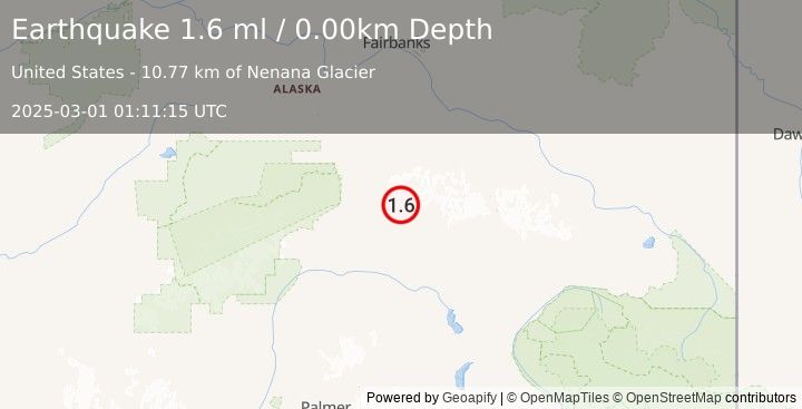 Earthquake 66 km E of Cantwell, Alaska (1.6 ml) (2025-03-01 01:11:15 UTC)