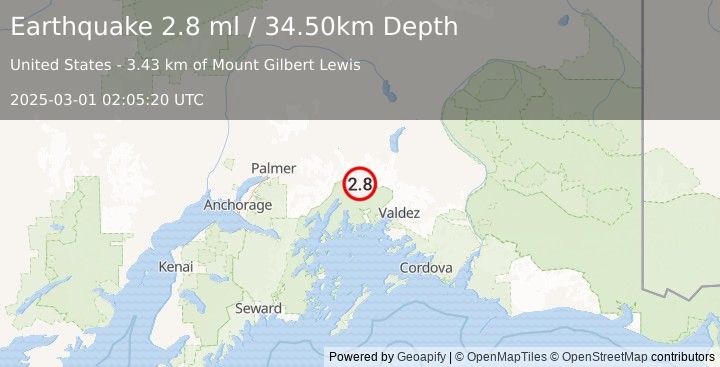 Earthquake 47 km SSE of Glacier View, Alaska (2.8 ml) (2025-03-01 02:05:20 UTC)