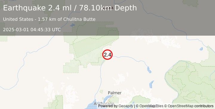 Earthquake 57 km NNE of Chase, Alaska (2.4 ml) (2025-03-01 04:45:33 UTC)