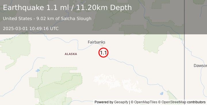 Earthquake 13 km WSW of Salcha, Alaska (1.1 ml) (2025-03-01 10:49:16 UTC)