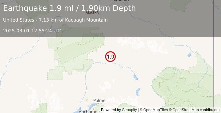 Earthquake 47 km SE of Cantwell, Alaska (1.9 ml) (2025-03-01 12:55:24 UTC)