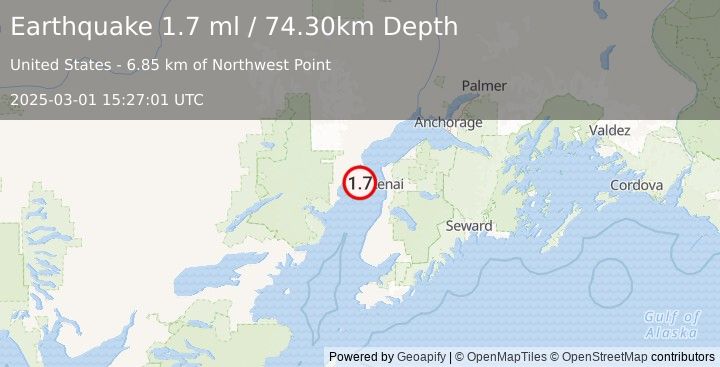 Earthquake 29 km WSW of Salamatof, Alaska (1.7 ml) (2025-03-01 15:27:01 UTC)