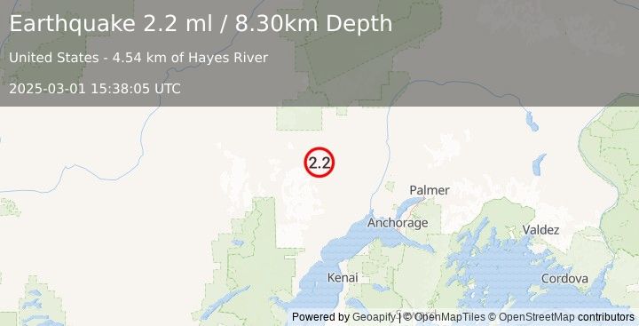 Earthquake 24 km WSW of Skwentna, Alaska (2.2 ml) (2025-03-01 15:38:05 UTC)