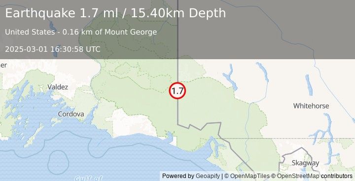 Earthquake 111 km ESE of McCarthy, Alaska (1.7 ml) (2025-03-01 16:30:58 UTC)