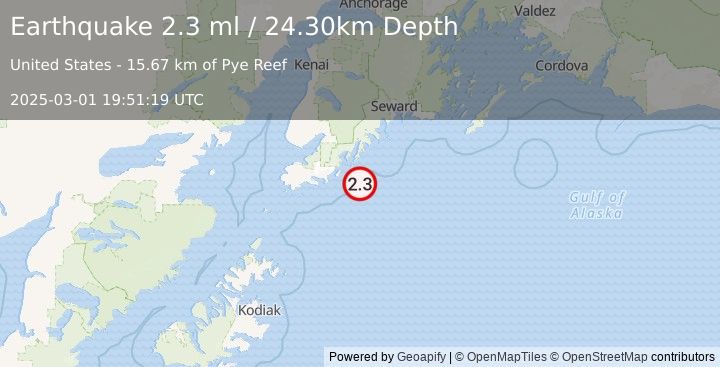 Earthquake 70 km SE of Halibut Cove, Alaska (2.3 ml) (2025-03-01 19:51:19 UTC)