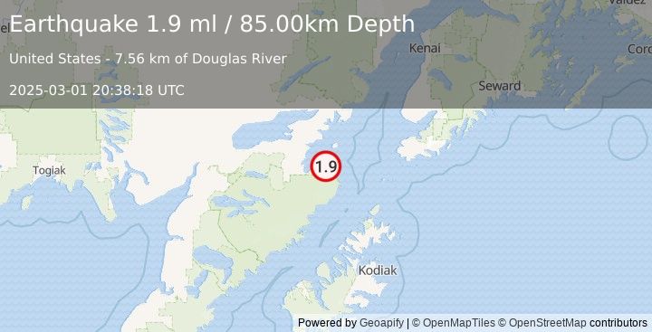 Earthquake 68 km SE of Pope-Vannoy Landing, Alaska (1.9 ml) (2025-03-01 20:38:18 UTC)