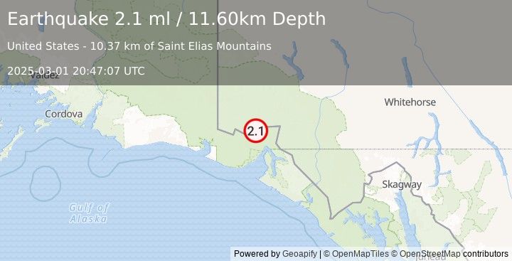 Earthquake 82 km N of Yakutat, Alaska (2.1 ml) (2025-03-01 20:47:07 UTC)