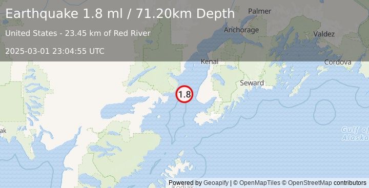 Earthquake 29 km WNW of Anchor Point, Alaska (1.8 ml) (2025-03-01 23:04:55 UTC)