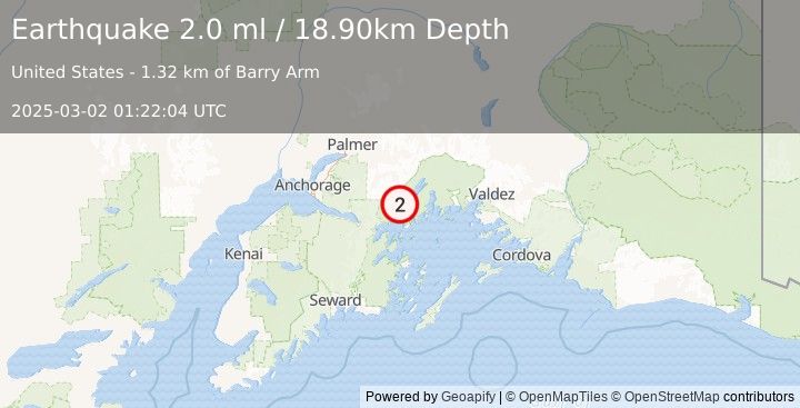 Earthquake 40 km NE of Whittier, Alaska (2.0 ml) (2025-03-02 01:22:04 UTC)