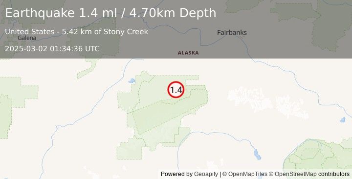 Earthquake 63 km WSW of Ferry, Alaska (1.4 ml) (2025-03-02 01:34:36 UTC)