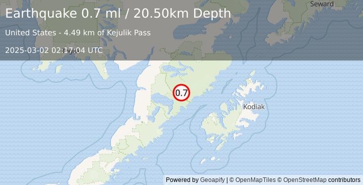 Earthquake 89 km NW of Karluk, Alaska (0.7 ml) (2025-03-02 02:17:04 UTC)