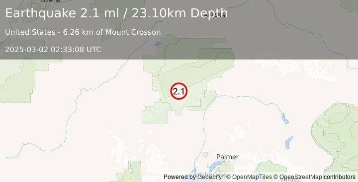 Earthquake 56 km NNW of Petersville, Alaska (2.1 ml) (2025-03-02 02:33:08 UTC)