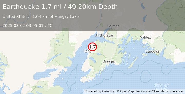 Earthquake 21 km NNW of Sterling, Alaska (1.7 ml) (2025-03-02 03:05:01 UTC)