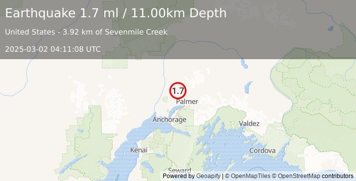 Earthquake 17 km WNW of Fishhook, Alaska (1.7 ml) (2025-03-02 04:11:08 UTC)