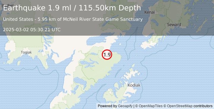 Earthquake 55 km SSE of Kokhanok, Alaska (1.9 ml) (2025-03-02 05:30:21 UTC)