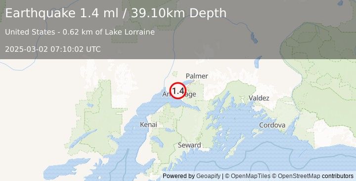 Earthquake 8 km SSE of Point MacKenzie, Alaska (1.4 ml) (2025-03-02 07:10:02 UTC)