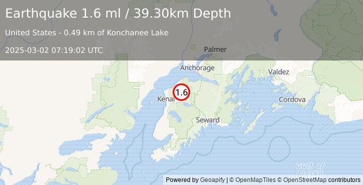 Earthquake 19 km NNE of Sterling, Alaska (1.6 ml) (2025-03-02 07:19:02 UTC)