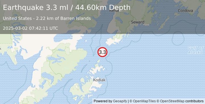 Earthquake 50 km SSW of Nanwalek, Alaska (3.3 ml) (2025-03-02 07:42:11 UTC)