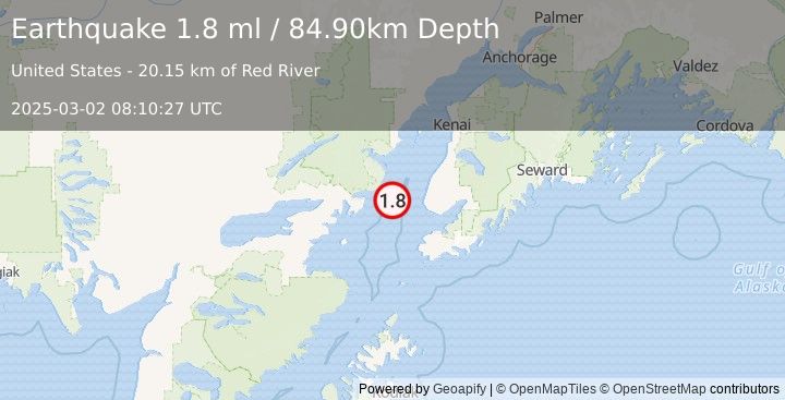 Earthquake 35 km W of Anchor Point, Alaska (1.8 ml) (2025-03-02 08:10:27 UTC)