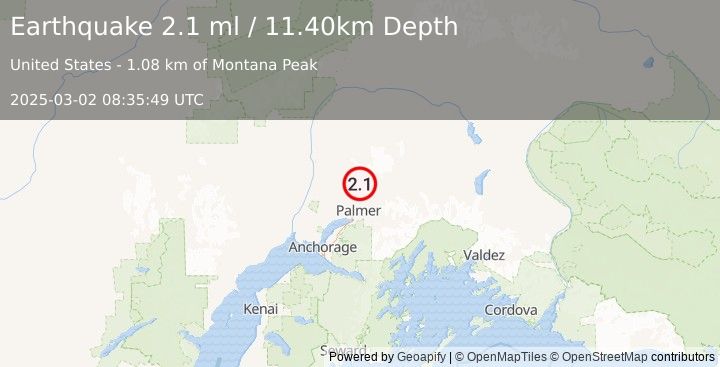 Earthquake 17 km NNE of Fishhook, Alaska (2.1 ml) (2025-03-02 08:35:49 UTC)