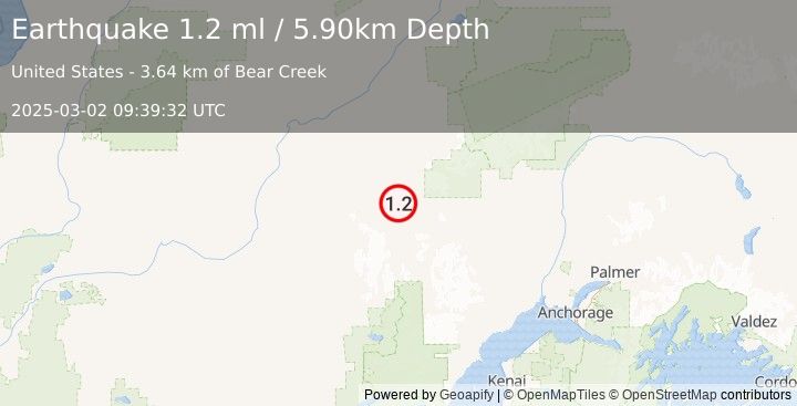 Earthquake 99 km SSE of Nikolai, Alaska (1.2 ml) (2025-03-02 09:39:32 UTC)