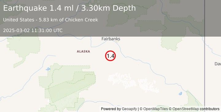 Earthquake 47 km WSW of Salcha, Alaska (1.4 ml) (2025-03-02 11:31:00 UTC)