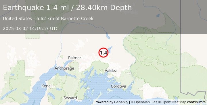 Earthquake 21 km SE of Eureka Roadhouse, Alaska (1.4 ml) (2025-03-02 14:19:57 UTC)