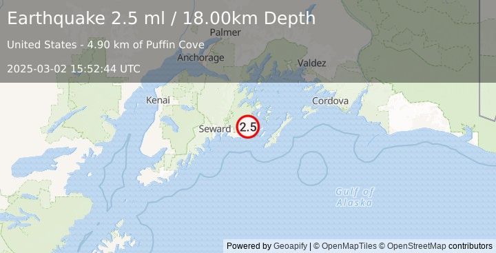 Earthquake 22 km WNW of Chenega, Alaska (2.5 ml) (2025-03-02 15:52:44 UTC)