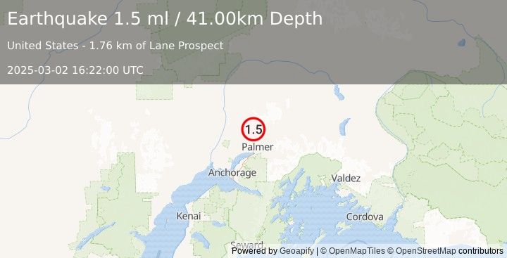 Earthquake 12 km N of Fishhook, Alaska (1.5 ml) (2025-03-02 16:22:00 UTC)