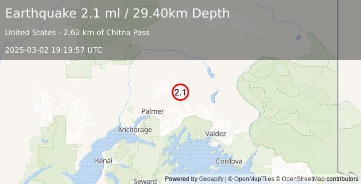 Earthquake 24 km NNW of Glacier View, Alaska (2.1 ml) (2025-03-02 19:19:57 UTC)