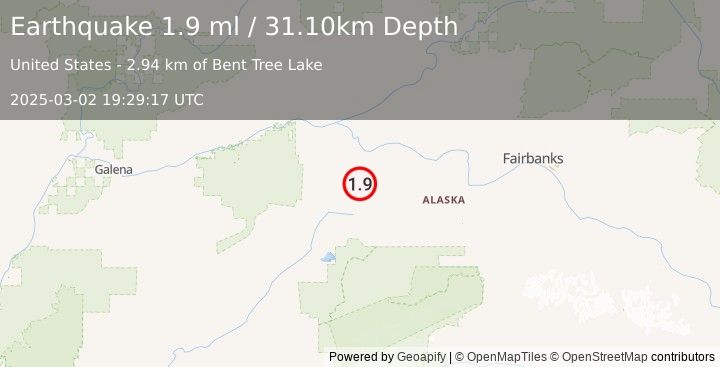 Earthquake 61 km SW of Manley Hot Springs, Alaska (1.9 ml) (2025-03-02 19:29:17 UTC)