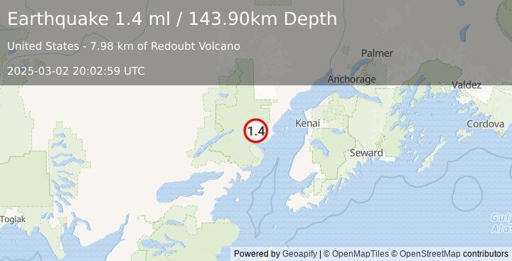 Earthquake 78 km WNW of Ninilchik, Alaska (1.4 ml) (2025-03-02 20:02:59 UTC)