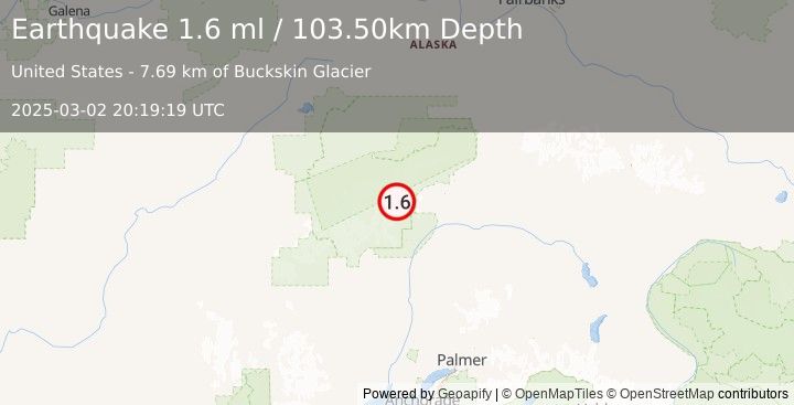 Earthquake 64 km NNE of Petersville, Alaska (1.6 ml) (2025-03-02 20:19:19 UTC)