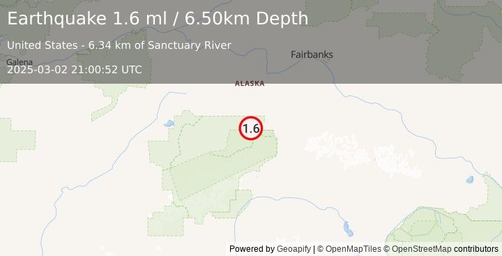 Earthquake 32 km SW of Ferry, Alaska (1.6 ml) (2025-03-02 21:00:52 UTC)