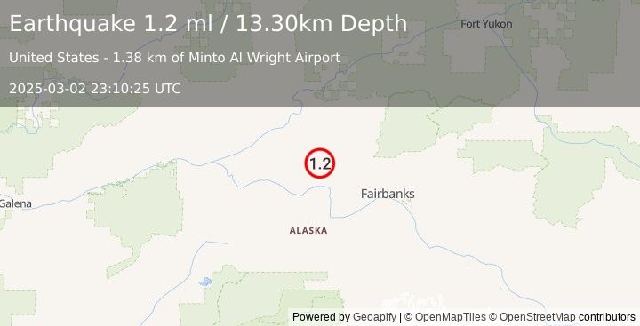 Earthquake 1 km WNW of Minto, Alaska (1.2 ml) (2025-03-02 23:10:25 UTC)