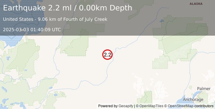 Earthquake 24 km SSW of Takotna, Alaska (2.2 ml) (2025-03-03 01:40:09 UTC)