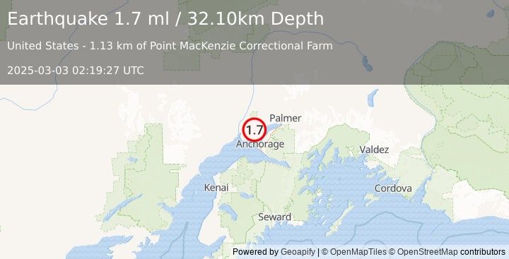 Earthquake 8 km NNW of Point MacKenzie, Alaska (1.7 ml) (2025-03-03 02:19:27 UTC)